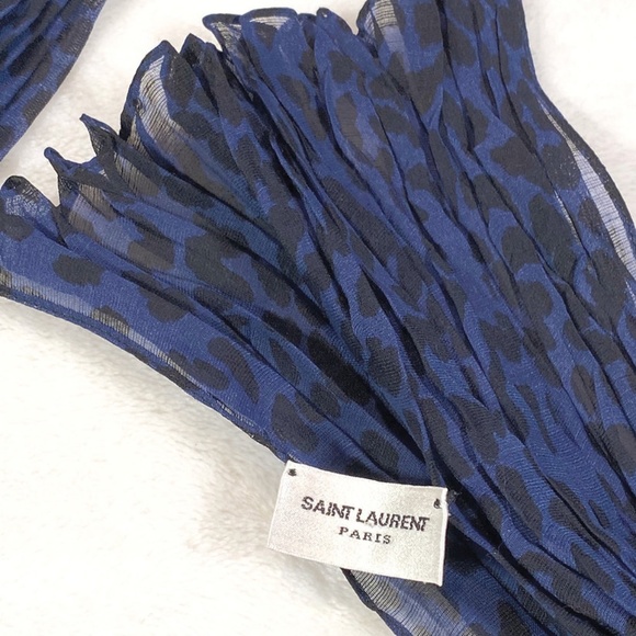Saint Laurent Blue/Black Baby Cat Leopard Printed Wool Silk Long Scarf/Wrap - Picture 1 of 2